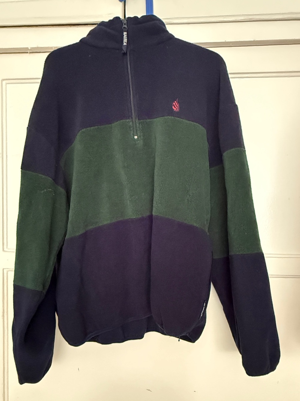 Vintage 90s Nautica color-block half-zip fleece pullover navy blue green L RARE!